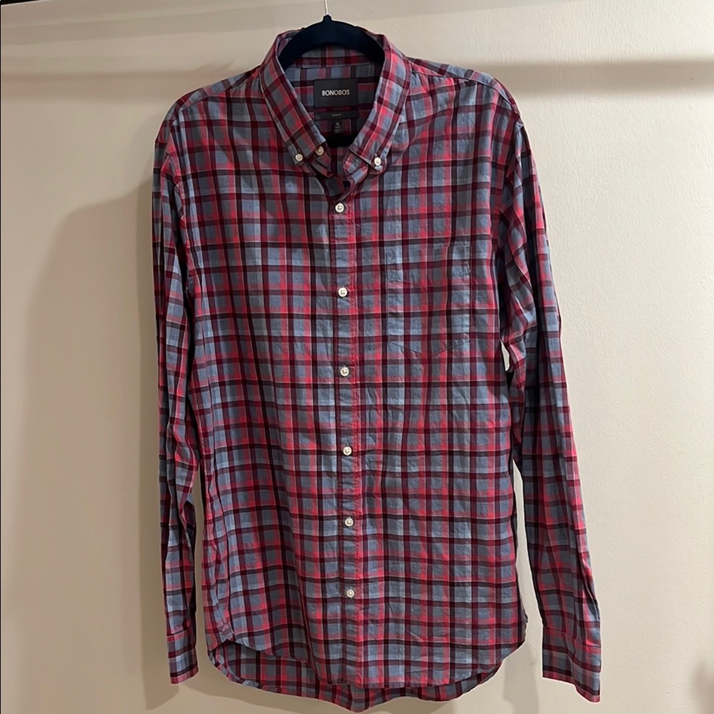 Bonobos Red and Blue Plaid Casual Button Down Shirt